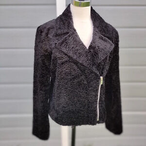 THEORY Black Crop Vegan Faux Fur Slim Moto Asymmetric Zip Cropped Jacket 8 US